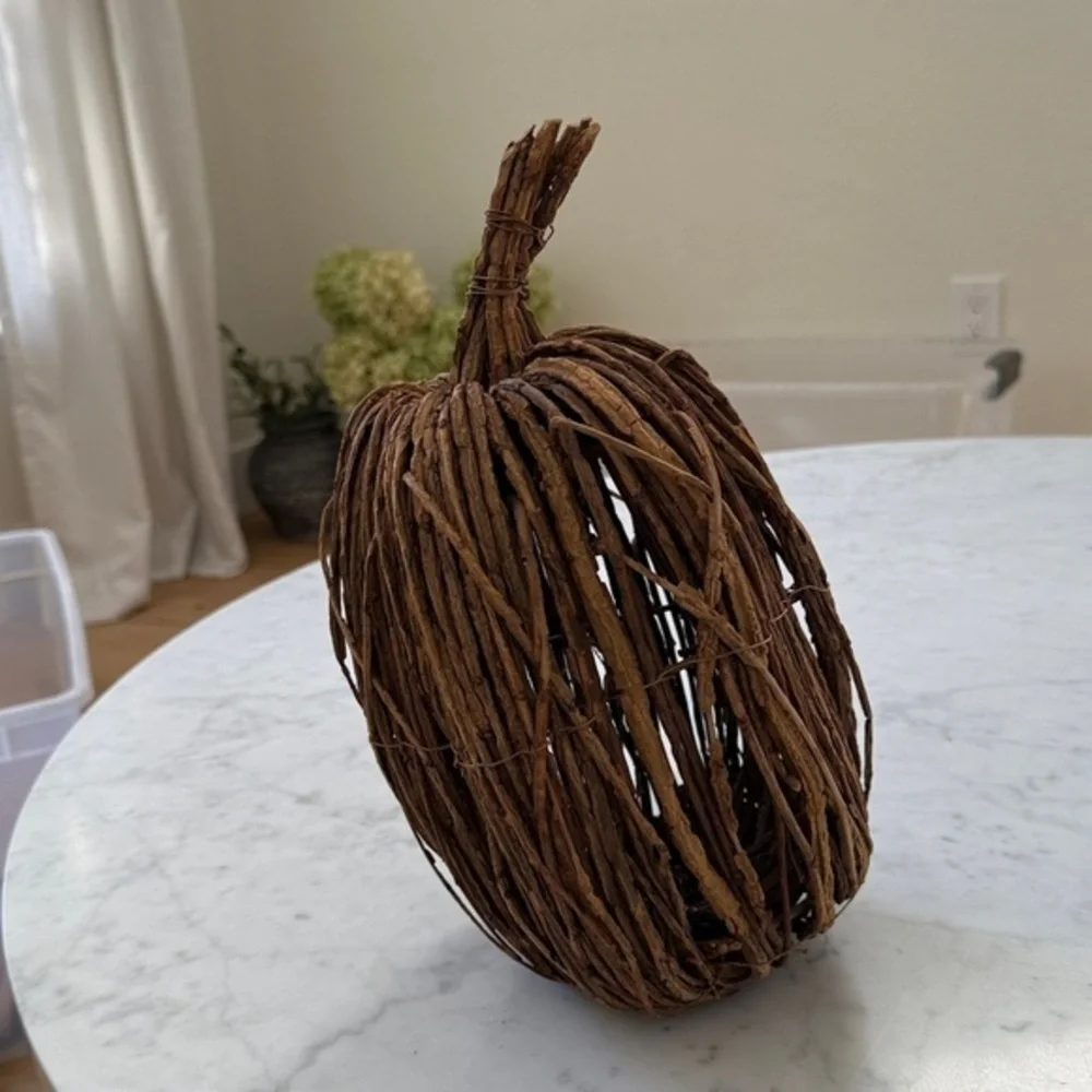 Crate & Barrel Large Wicker Pumpkin Fall Harvest Thanksgiving Decor